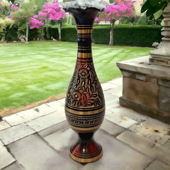 Brass Etched Gold Vase Brown Red Fluted Goth Witchy Kapasi Vintage Christmas - Picture 14 of 16